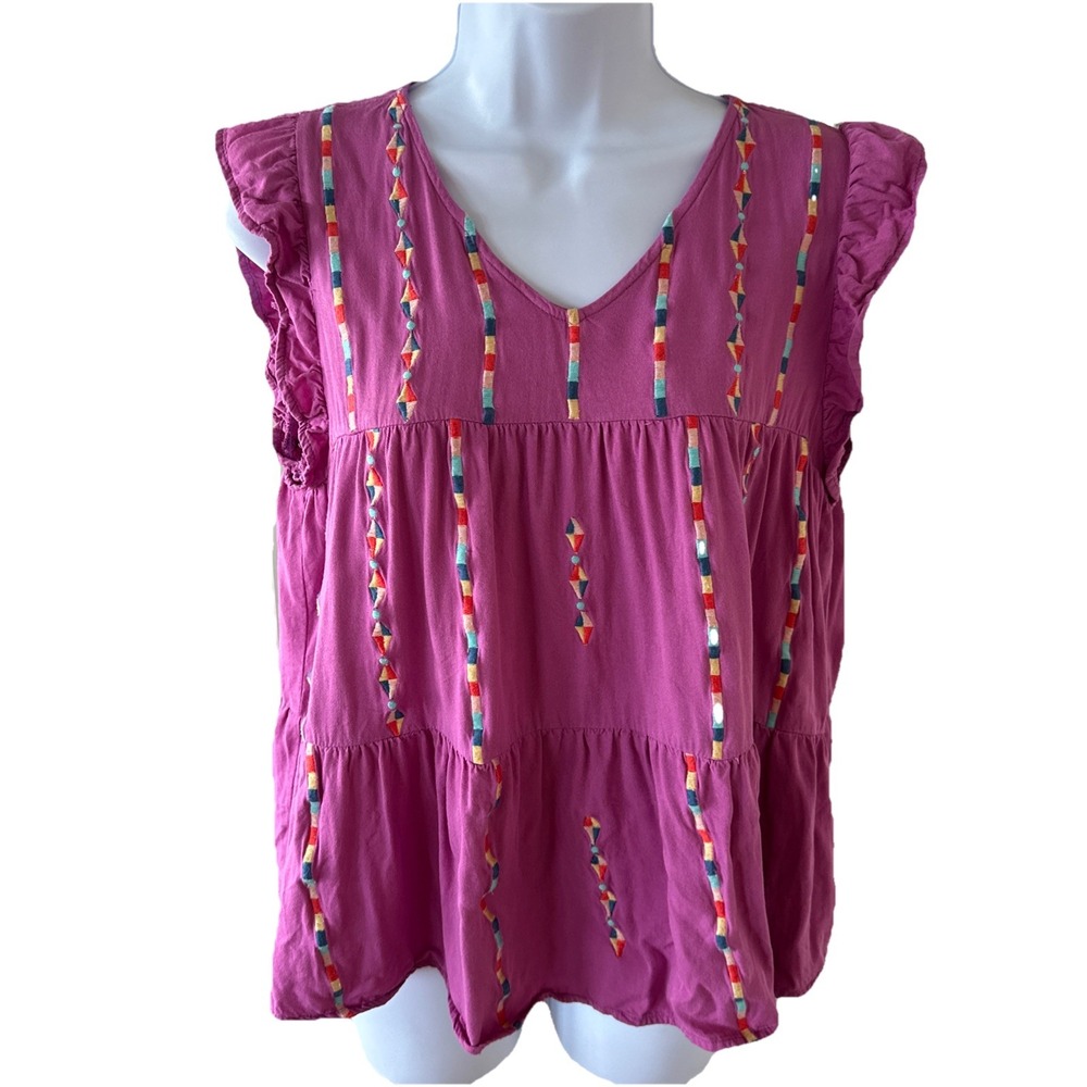 Savanna Jane Embroidered Babydoll Top Size Medium Ruffle Sleeve Purple